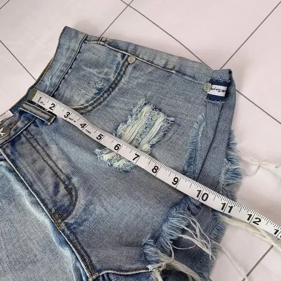 One Teaspoon Shorts Womens 25 Blue Bandits High Rise Distressed Raw Hem Ripped - Picture 10 of 10